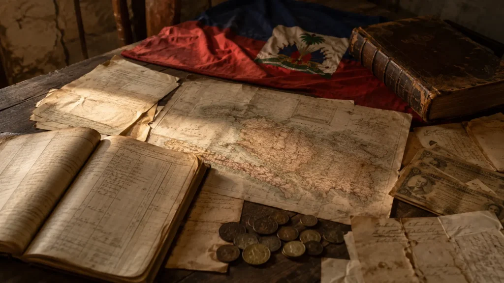 Old Haiti map with archival financial documents and Haitian flag representing the Haiti independence debt