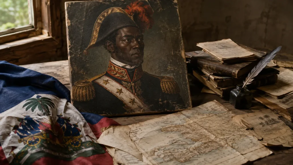 Historical portrait-style image of Jean-Jacques Dessalines with Haiti archival papers and flag
